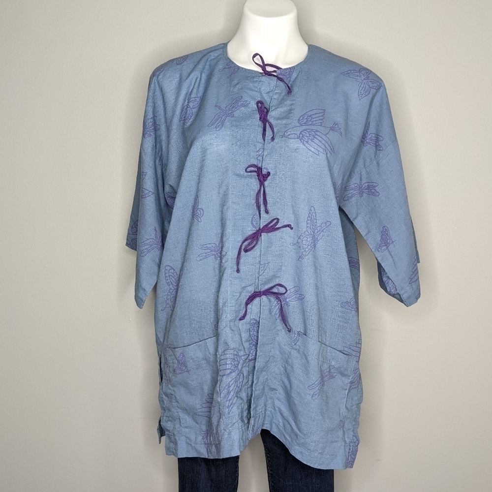 ✨3/$15 Bahama Hand Prints blue purple tie closure top L